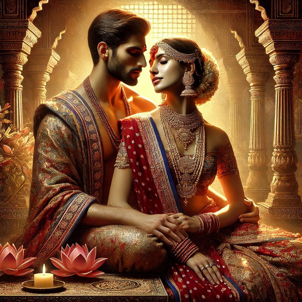 Una imagen de una Pareja Hindu en forma romantica, un entorno de intimidad con figuras clasicas de la india como flores de loto. iluminacion tenue.  