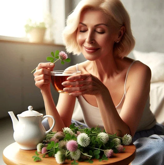 Mujer mayor disfrutando de una taza de té, simbolizando el bienestar y la conexión con la sexualidad durante la menopausia.