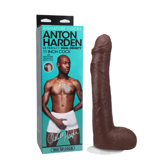 Imagen del producto Signature Cocks Anton Harden, un juguete sexual de 11 pulgadas con diseño realista, presentado junto a su empaque que destaca al modelo Anton Harden.