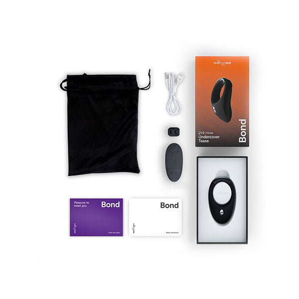 Contenido del paquete de Bond by We-Vibe: anillo vibrador, control remoto, cable de carga y bolsa de almacenamiento