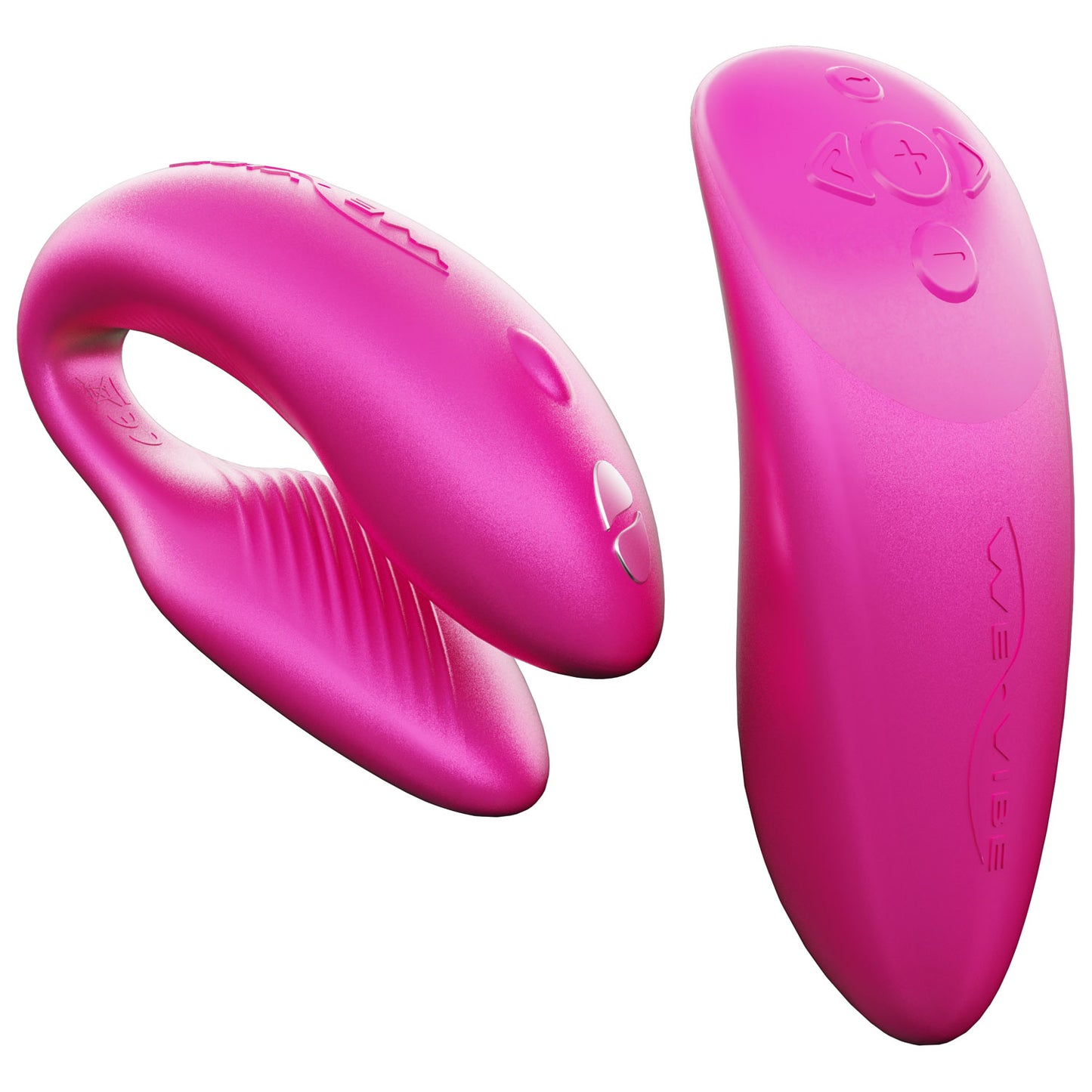 Vista lateral del vibrador Chorus by We-Vibe y su control remoto, mostrando el diseño ergonómico y funcional.