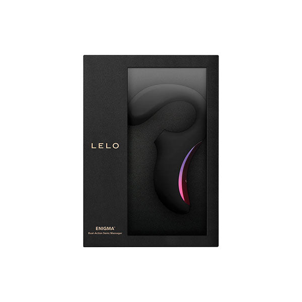 Empaque del vibrador Enigma™ de LELO, presentado en una caja negra elegante con ventana transparente que permite ver el diseño sofisticado del producto