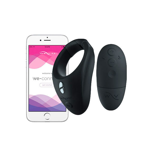 Bond by We-Vibe junto a un smartphone mostrando la app de control remoto, destacando su compatibilidad con dispositivos móviles.