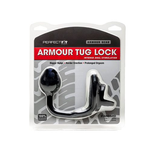 Empaque oficial del Armour Tug Lock, mostrando sus características principales: anillo para erección y plug para estimulación anal.