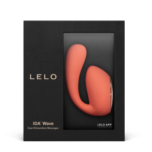 El último vibrador doble IDA™ Wave de Lelo, conectado por aplicación y con la tecnología WaveMotion™ en su caja de presentacion negra, color rosa, ergonomico, diseñado para uso en pareja, con un detalle plateado en la parte superior. 