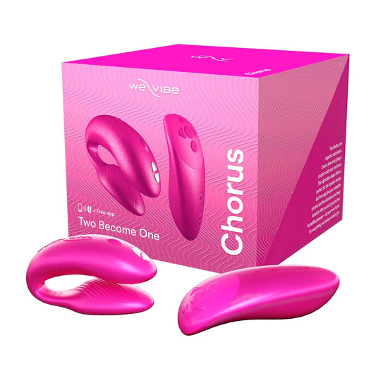 Vibrador Chorus by We-Vibe en color rosa, junto a su caja de empaque, resaltando su diseño y presentación.